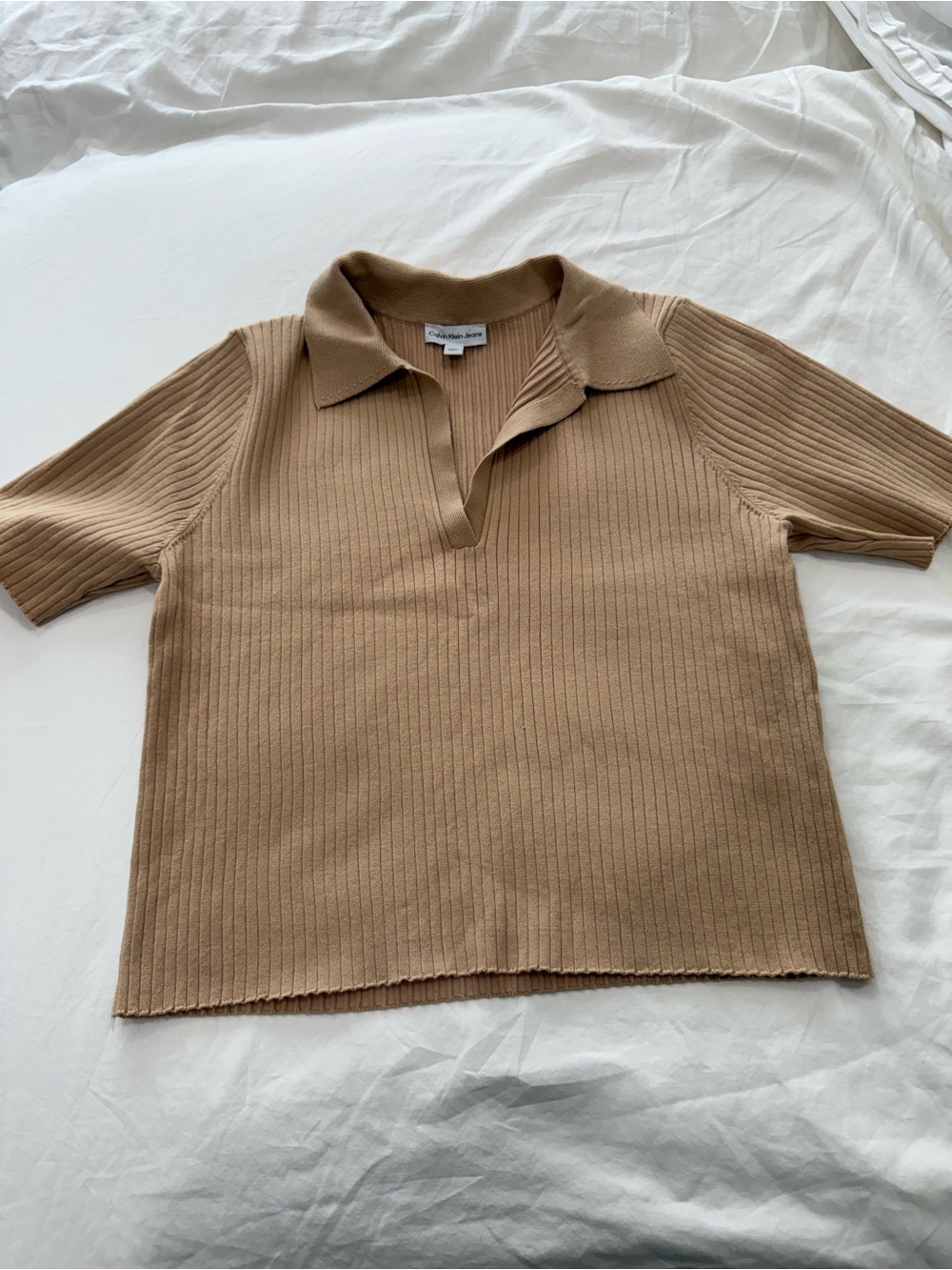 Calvin Klein Ribbed Polo Top in Tan